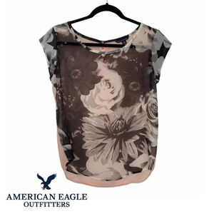 American Eagle Outfitters Sheer  Floral & Pink Blouse